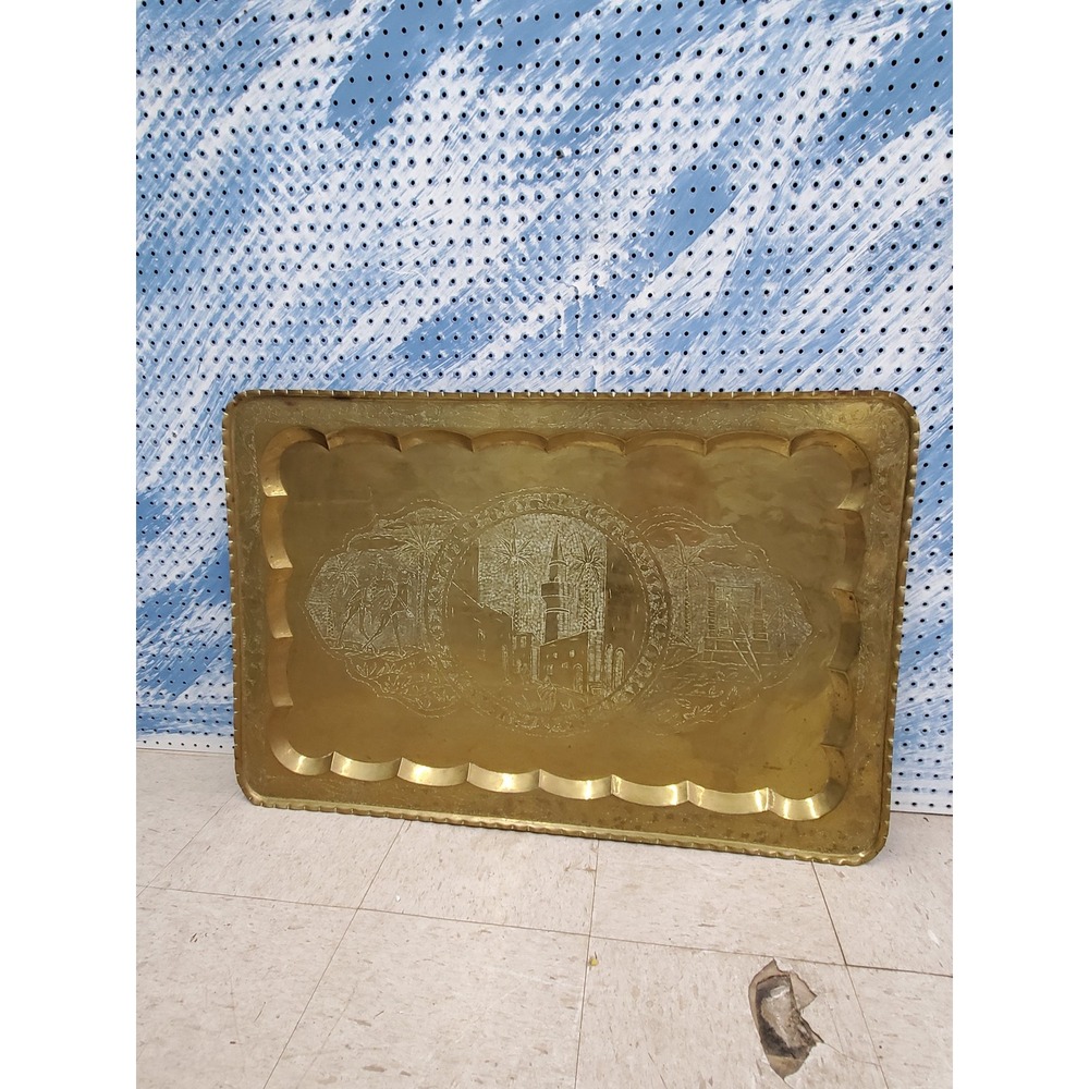 Vintage Brass Etched Middle Eastern Serving Tray Mosque Scene Scalloped Edge